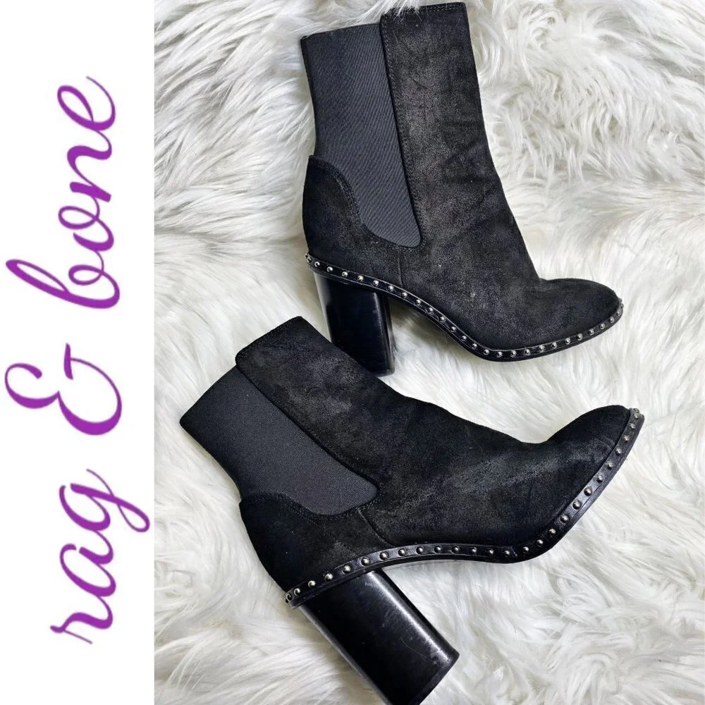 RAG & BONE‎ Romi Black Suede Chelsea Silver Stud Block Heel Bootie, Size 36